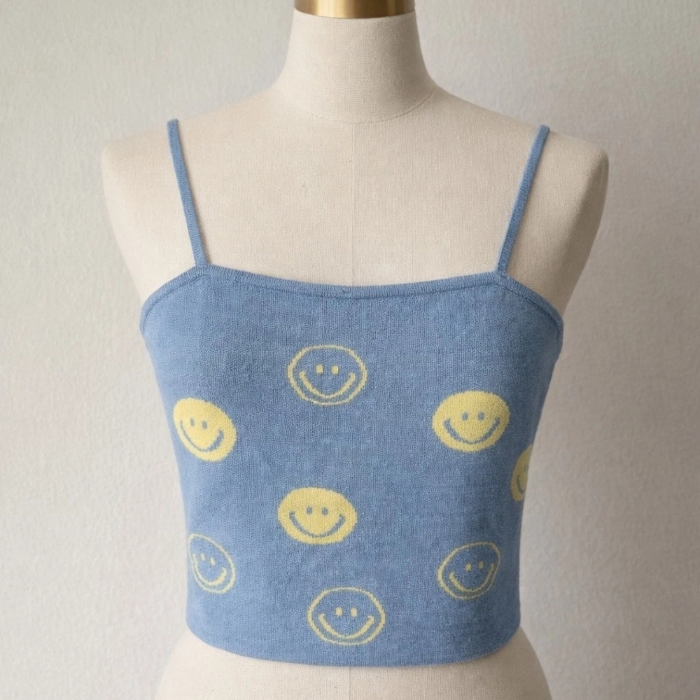 Blue Knit CAMI KNITTED Smiley Face FACES Knit Crop Top